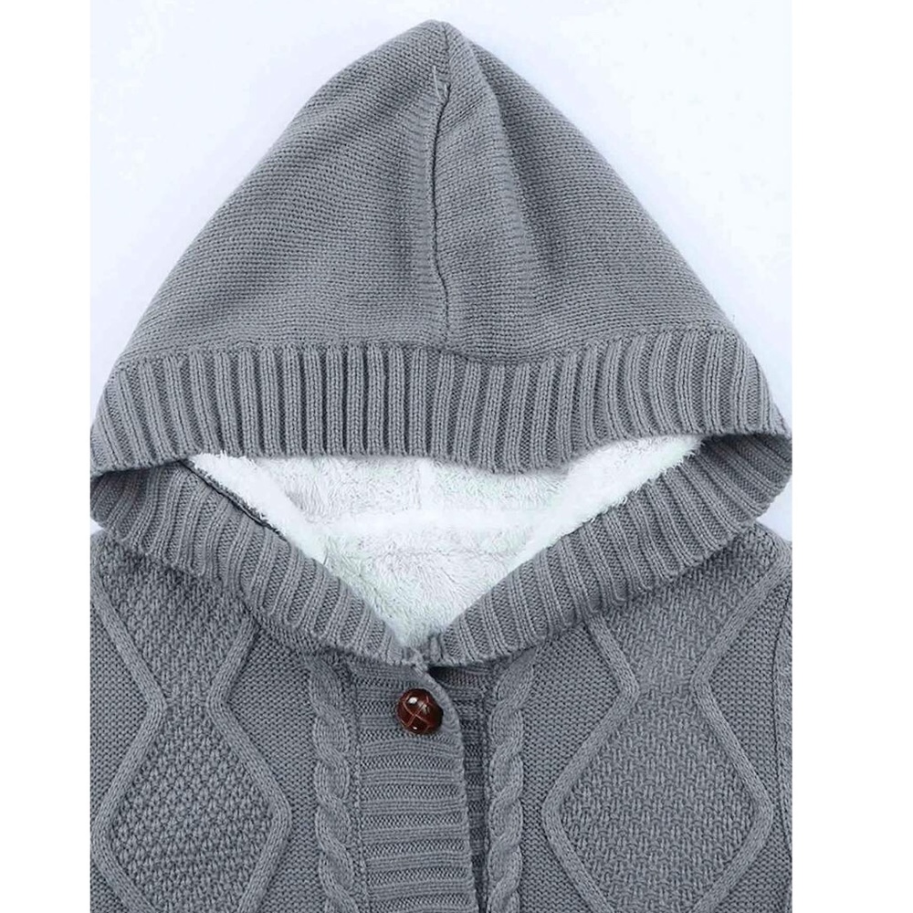 Sherpa Grey Knit Hooded Cardigan Front Pockets Long Sleeves Hip Length Buttoned - Picture 9 of 17